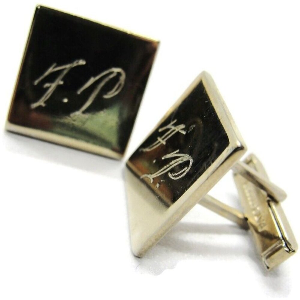 "FP" Initials Vintage Square Cufflinks Gold Tone Signed Pat No Wedding Accessory